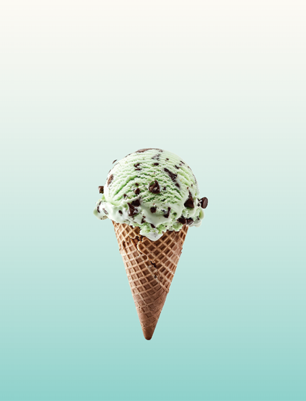 Mint Chocolate chip ice cream in a waffle cone with a teal gradient rounded rectangle background